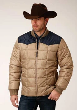 Mens Khaki/Blue Polyester Quilted Insulated Jacket