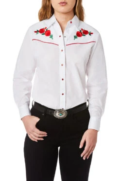 Women's Long Sleeve Western Shirt With Red Rose Embroidery