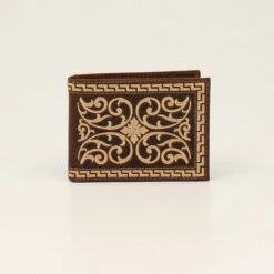 NOCONA MEN'S CREAM EMBROIDERED BROWN BI-FOLD WALLET N500028002