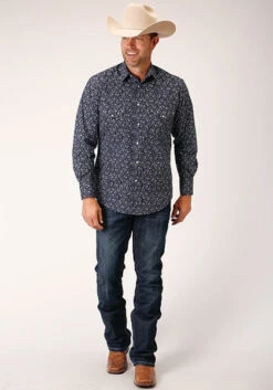 ROPER MEN'S COLLECTION NAVY & WHITE FLORAL PRINT SLEEVE WESTERN SHIRT 01-001-0019-3055 BU