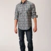 Men's Geometric Aztec Horizontal Print L/S Snap Shirt By Roper - 03-001-0067-0304 GY