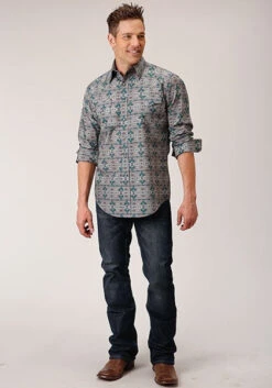 Men's Geometric Aztec Horizontal Print L/S Snap Shirt By Roper - 03-001-0067-0304 GY
