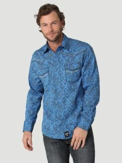 MEN'S ROCK 47® BY WRANGLER® LONG SLEEVE EMBROIDERED YOKE WESTERN SNAP PRINT SHIRT IN BLUE PRINT