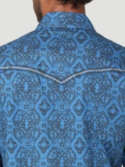 MEN'S ROCK 47® BY WRANGLER® LONG SLEEVE EMBROIDERED YOKE WESTERN SNAP PRINT SHIRT IN BLUE PRINT -HerraduraDeOro 3 8a1e27d5 4995 4330 adf5 d94927768847