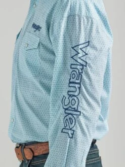 MEN'S WRANGLER® LOGO LONG SLEEVE WESTERN SNAP PRINT SHIRT IN TURQUOISE WHITE -HerraduraDeOro 4 30a0f730 3dce 4a9c 9b1f 0b5253ceeea1