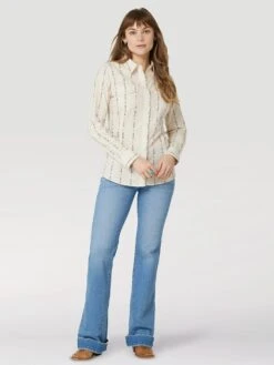 WOMEN'S WRANGLER RETRO® LONG SLEEVE SOUTHWESTERN STRIPE WESTERN SNAP SHIRT IN WHITE STRIPE*FREE SHIPPING* FREE GIFT*