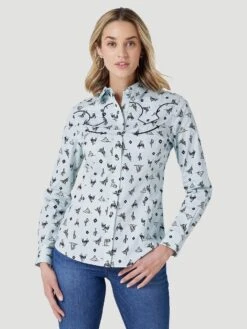WOMEN'S WRANGLER RETRO COWGIRL CACTUS WESTERN SNAP SHIRT IN BLUE PRINT*FREE SHIPPING* FREE GIFT* -HerraduraDeOro 6 bc5ad7f3 2eaf 493c 85e7 c20c735f7429