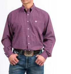 MENS PURPLE AND WHITE GEO PRINT BUTTON-DOWN WESTERN SHIRT