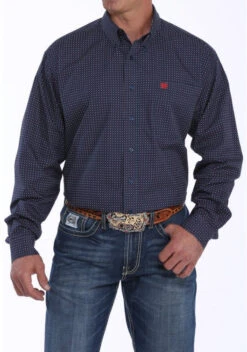 MENS NAVY AND RED GEOMETRIC PRINT BUTTON-DOWN WESTERN SHIR