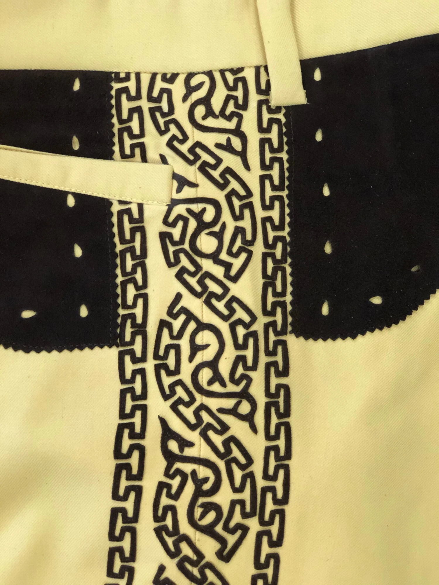 PANTALONES DE CHARRO. AUTHENTIC CHARRO PANTS THAT ARE YELLOW WITH BROWN SUEDE LEATHER STITCHED STENCIL ART WORK 3 PANTALONES DE CHARRO. AUTHENTIC CHARRO PANTS THAT ARE YELLOW WITH BROWN SUEDE LEATHER STITCHED STENCIL ART WORK - Image 3