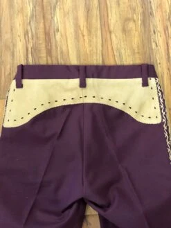 PANTALONES DE CHARRO. AUTHENTIC CHARRO PANTS THAT ARE DARK WINE WITH LIGHT BROWN SUEDE LEATHER STITCHED STENCIL ART WORK -HerraduraDeOro image accc6b8d 9bcb 4ada 89ec ffa8aa5d5961
