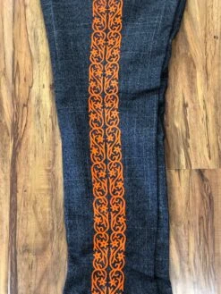 PANTALONES DE CHARRO. AUTHENTIC CHARRO PANTS THAT ARE DARK GRAY COLOR WITH CARROT SUEDE LEATHER STITCHED STENCEIL ART WORK -HerraduraDeOro image d6b16089 a2e3 4330 9db8 7ff5a21eef48